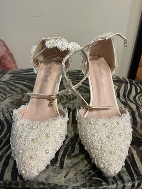 Ivory Lace Pointed-Toe Flats with Pearl & Crochet Detail
